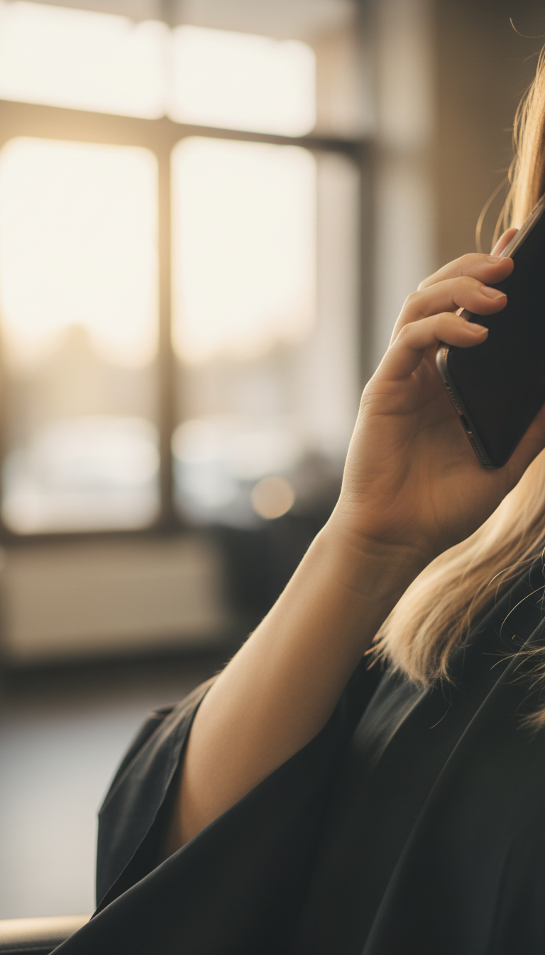 A close-up of a person taking a phone call in a hairdresser salon. The main focus is on the hand holding the phone; only the phone and a partial view of the person are visible, and the person's face is not shown. The salon is not visible in the background.