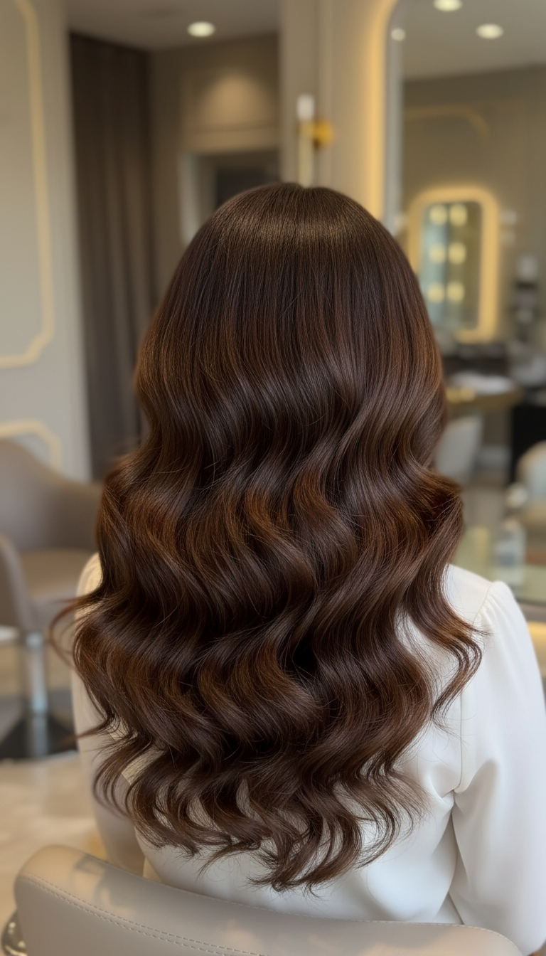 girl's back of the head with luscious, voluminous hair, salon-style, elegant lighting